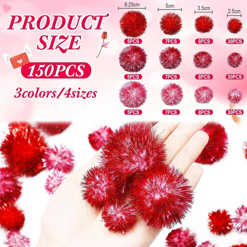 Knitgrip 150 Pcs Large Glitter Tinsel Pom Poms 2.5" 2" 1.4" 1" Christmas Pompom Balls Jumbo Glitter Balls for DIY Craft Making Christmas Decorations(Red, Rose Red, Pink) - Image 2